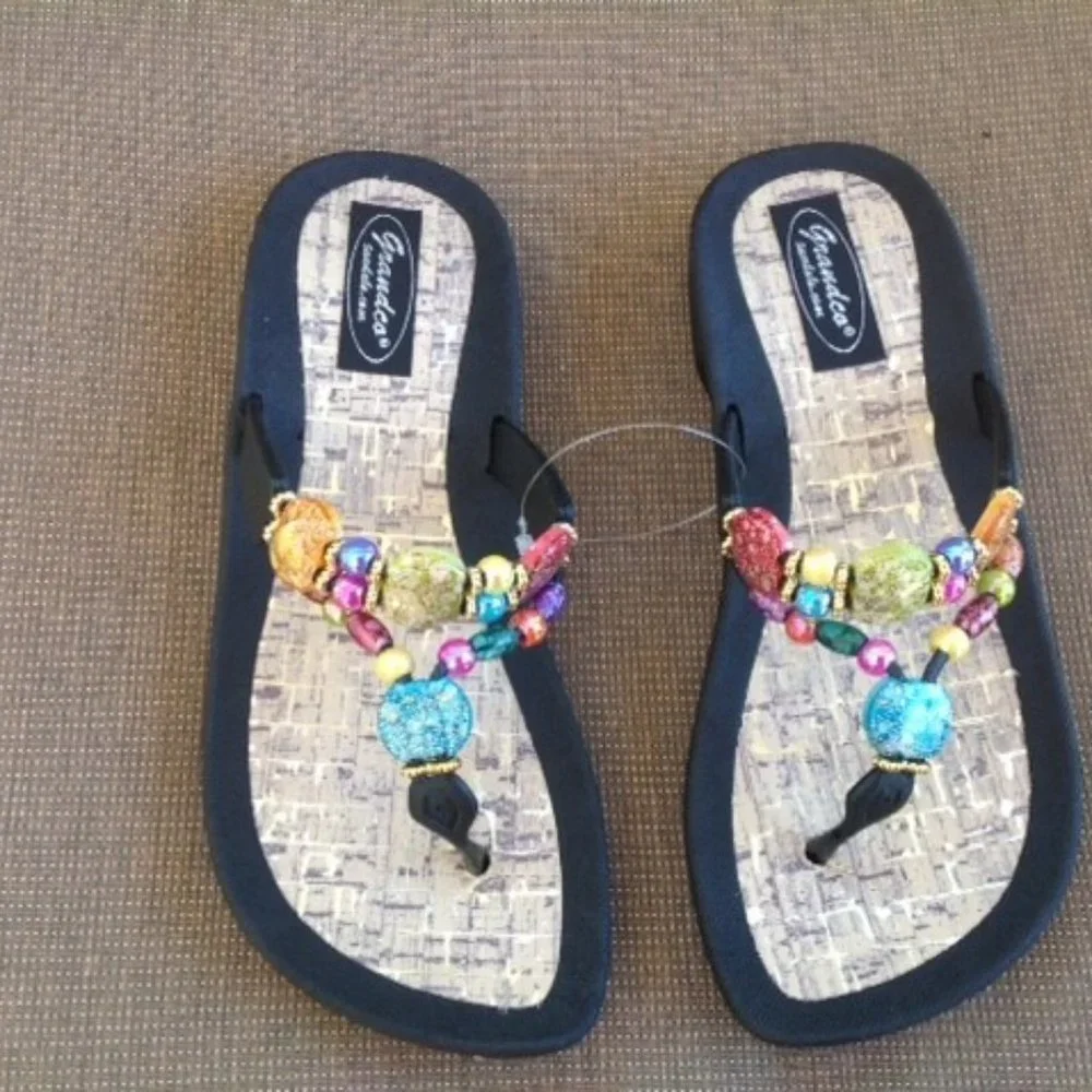 JEWELED BLACK MARBLE CORK FLIP FLOP SANDAL by Grandco - Picture 5 of 8